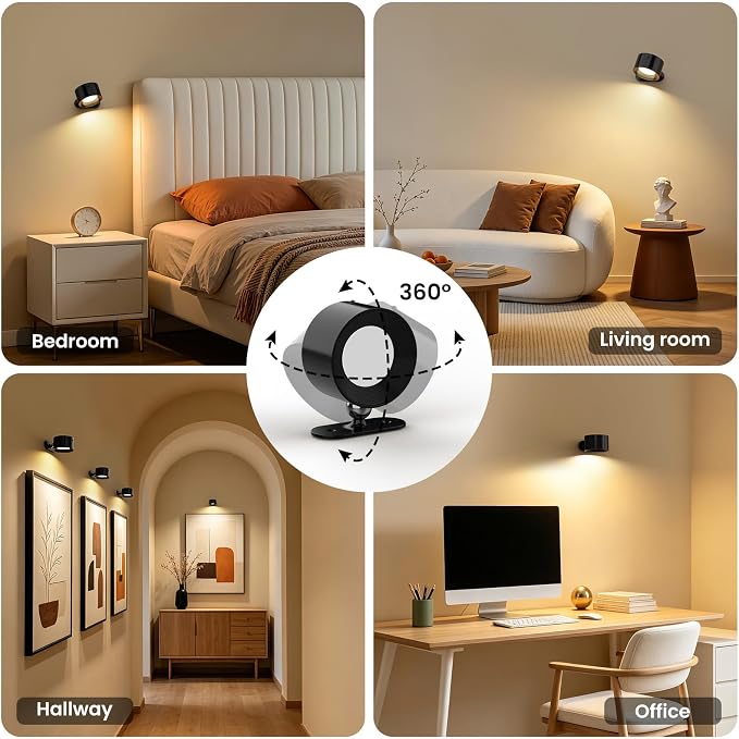Koopala 2PCS Rechargeable Battery Operated LED Wall Lamps, Wall Mounted Lights with 3 Brightness 3 Color Temp Removable Charging 360°Rotate Magnetic, Cordless Wall Sconces for Reading Bedside-Black - Image 8