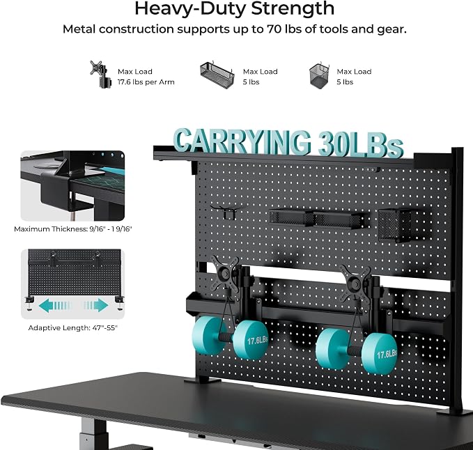 EUREKA ERGONOMIC Desk Pegboard Dual Monitor Stand 43x34 Black | Steel pegboard with dual monitor stands, privacy panel and 4 modular accessories for organized gaming and office setups - Image 3