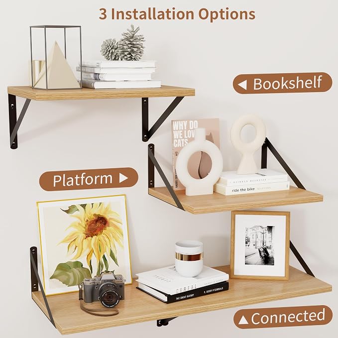 Axeman Deep Floating Shelves, 12 Inch Deep Rustic Oak Floating Wall Shelves Set of 2, 16W x 12D Large Floating Shelves Living Room Cleanning Room Laundry Room Garage - Oak with Black Brackets - Image 4