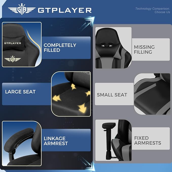GTPLAYER Gaming Chair Fabric with Pocket Spring Cushion, Big and Tall Gamings Chairs 350LBS High Back Computer Chair with Footrest for Adults Lumbar Support Swivel Game Chair for Office Light Black - Image 9
