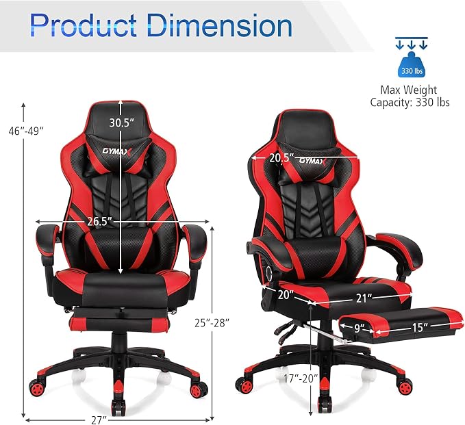 GYMAX Gaming Chair, Ergonomic Computer Chair with Footrest, Linkage Armrests & Lumbar Cushion, Big Wide High Back Video Gaming Chair, Reclining Office Rolling Chair for Adult/Teens (Red) - Image 3