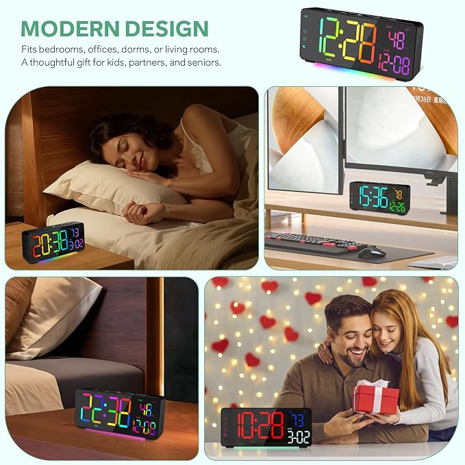 Digital Alarm Clocks for Bedrooms, RGB Desk Clock with 15 Color Display, Date Temperature and Weekday, DST, Snooze, 2 Alarms, Ambient Lighting for Living Room, Bedside Office Gaming Desk Decor - Image 7