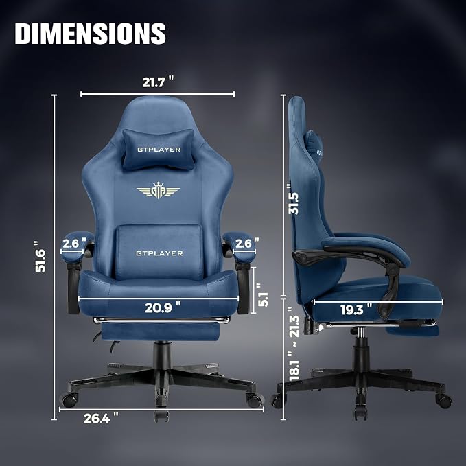 GTPLAYER Big and Tall Gaming Chair 400lbs Heavy Duty Office Chair with Foot Rest, High Back Pocket Spring Ergonomic Computer Chair for Adults, Wide Comfy Seated Cushion with Linkage Armrests, Blue - Image 2