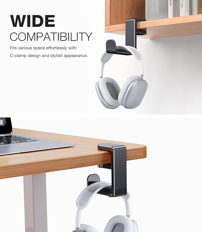 Coolpow Gaming Headphone Stand for Desk【360°Rotating】PC Headset Holder for Desk Hook Mount, Headset Stand Holder Clip Under Desk Headphone Hanger for Airpods Max, HyperX, Sennheiser All Headphone Size - Image 4