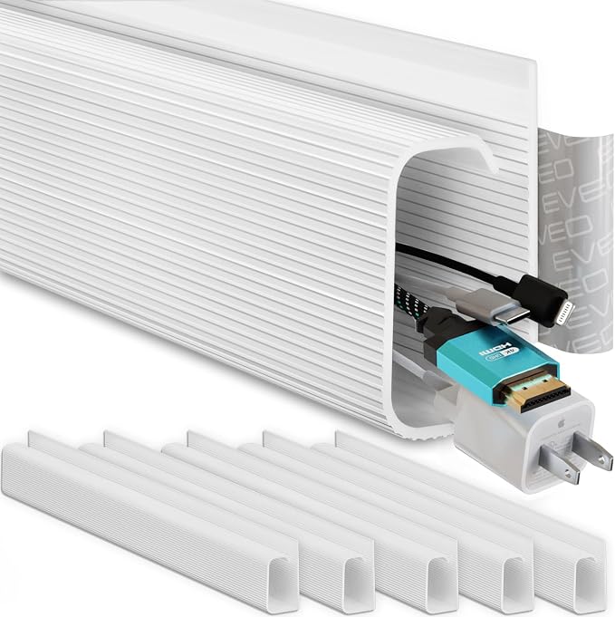 EVEO Cable Management 96'' J Channel- 6 Pack Cord Cover- Cable Raceway- Cable Management Under Desk with Adhesive Stripe Built-in 6 X 16in- Easy to Install Desk Cord Organizer- Cable Raceway, White by EVEO
