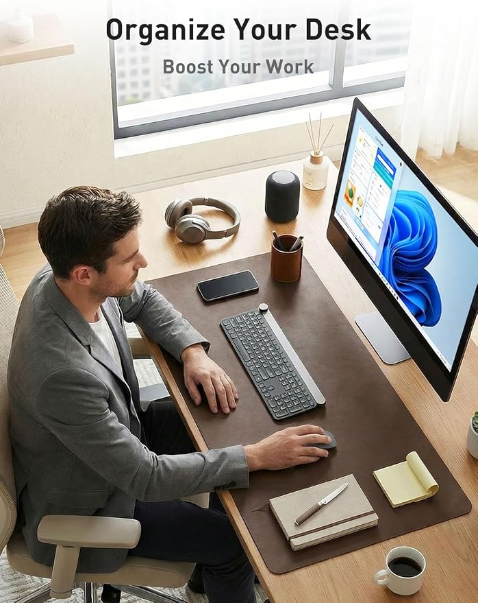 Aothia Faux Leather Desk Mat - Non-Slip PU Leather Desk Blotter, Waterproof Writing Surface, Large Desk Pad for Office & Home (Coffee, 55" x 17") - Image 3