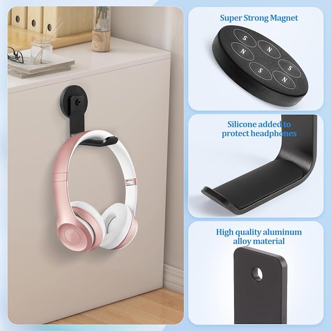 Magnetic Headphone Holder, Aluminum Headset Hook for Desk & Table | Headphone Hanger, Headphone Mount Stand with Rubber Pad, Compatible with All Computer/Gaming Headsets (Black) - Image 4