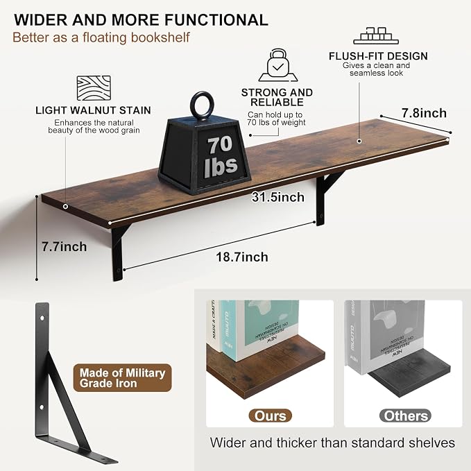 Tectocker-DOU 31.5" Long Floating Book Shelves for Wall, Heavy Duty, Brown - Image 4