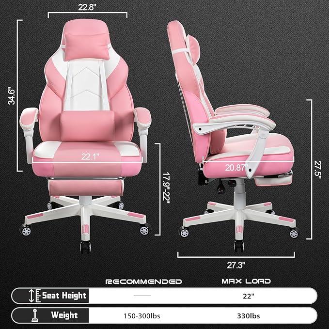 Big and Tall Gaming Chair for Adults, 330lbs Heavy Duty Computer Chair with Footrest & Massage Lumbar Support, Wide Seat High Back Reclining Desk Chair, 360° Swivel, Pink - Image 8
