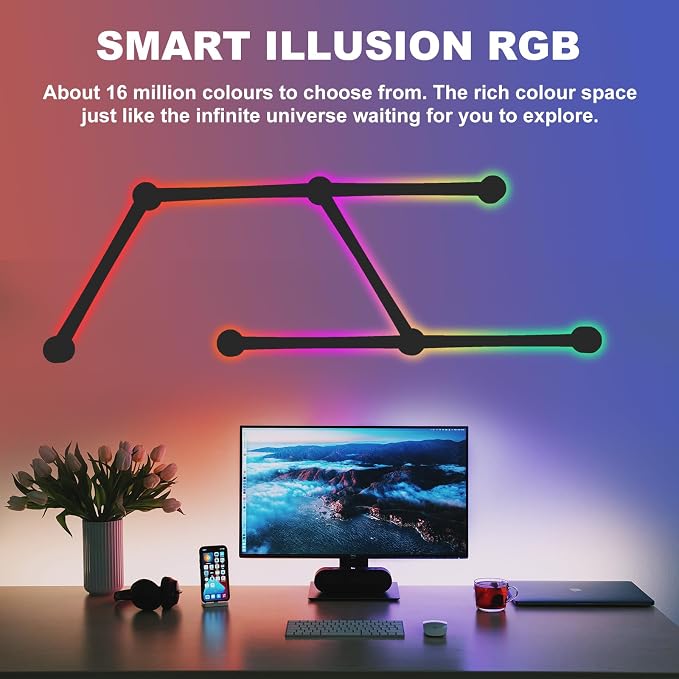 Smart Wall Light Lines, WiFi RGB LED Bars, 16M+ Color Dimmable Music Sync DIY Home Decor for Gaming Party Streaming Lovers, Compatible with Alexa & Google Assistant (6 Lines, Black) - Image 8