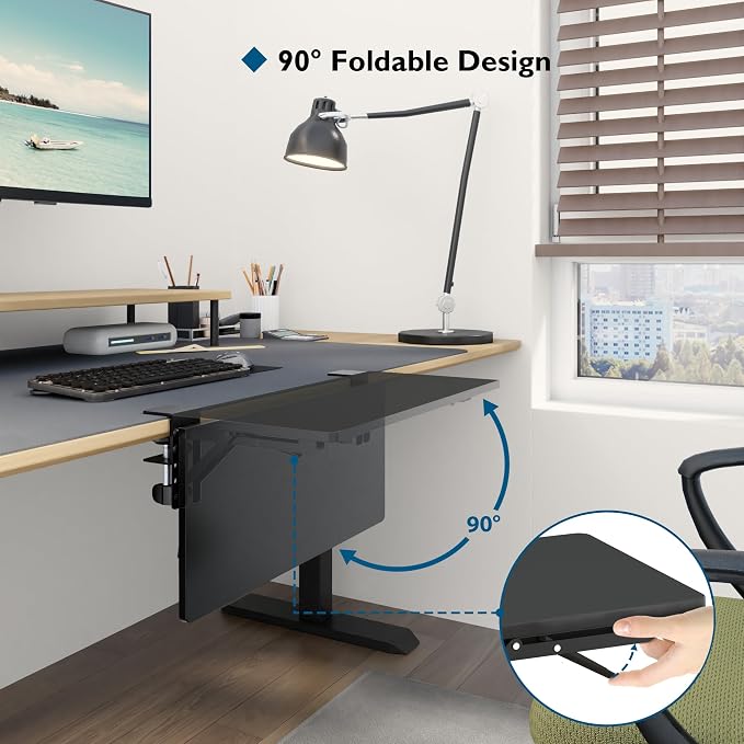 BONTEC Small Ergonomics Desk Extender Tray, 20x9.5 Inch Table Mount Arm Rest Shelf, 90° Foldable Keyboard Tray Platform, Clamp on Computer Arm Rest for Desk, Suitable for Office Desks, Black | 90° Foldable Keyboard Tray Platform, Table Mount Arm Rest S... - Image 3