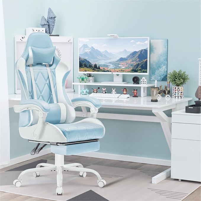 Homall Gaming Chair, Computer Chair with Footrest and Massage Lumbar Support, Ergonomic High Back Video Game Chair with Swivel Seat and Headrest (Light Blue) - Image 7
