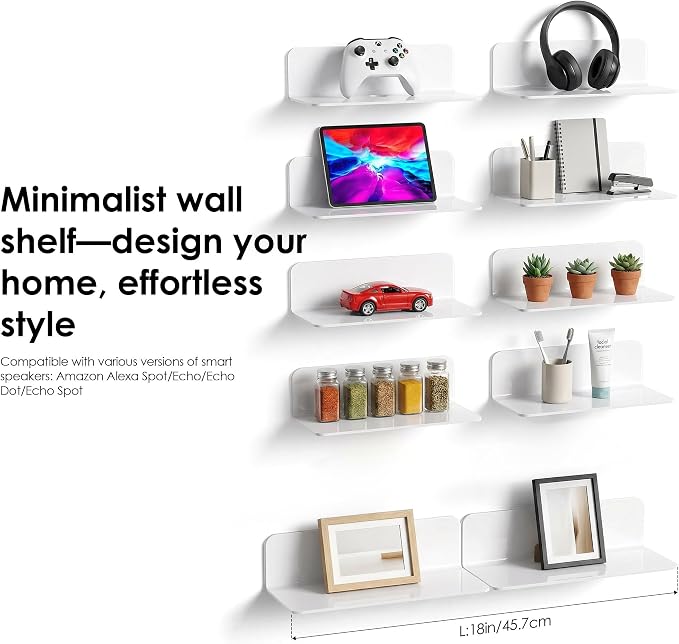 OAPRIRE Acrylic Floating Wall Shelves White, No Drill, 9 Inch 2 Pack - Image 2