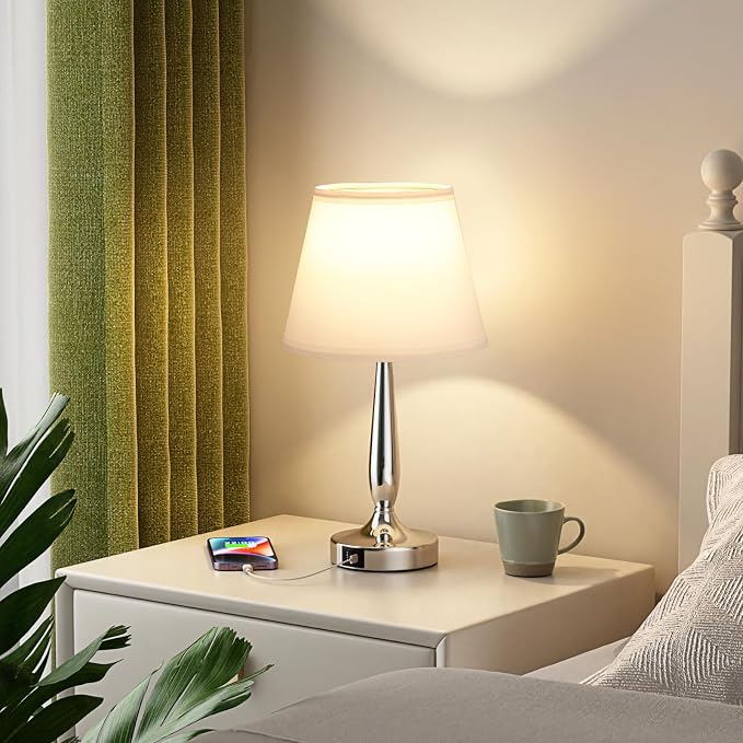 Kakanuo Touch Table Lamp for Bedroom, Small Bedside Lamp with USB C Charging Port, 3 Way Dimmable Touch Control Nightstand Lamp for Living Room and Office, White Shade and Silver Base - Image 2