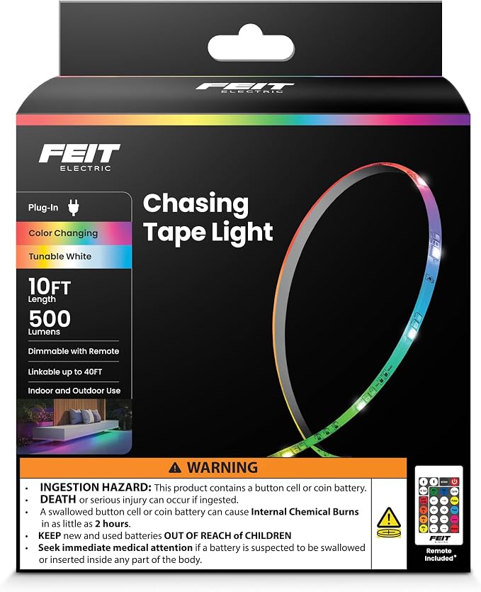 Feit Electric 10ft Chasing & Tunable White LED Tape Light, Dimmable, RGB Colors, Cut-to-Fit, Linkable up to 40ft, Slim 0.4in Width, Indoor/Outdoor Plug-In Light Strip, Remote Controlled, TAPE120/CHASE by FeitElectricCompany