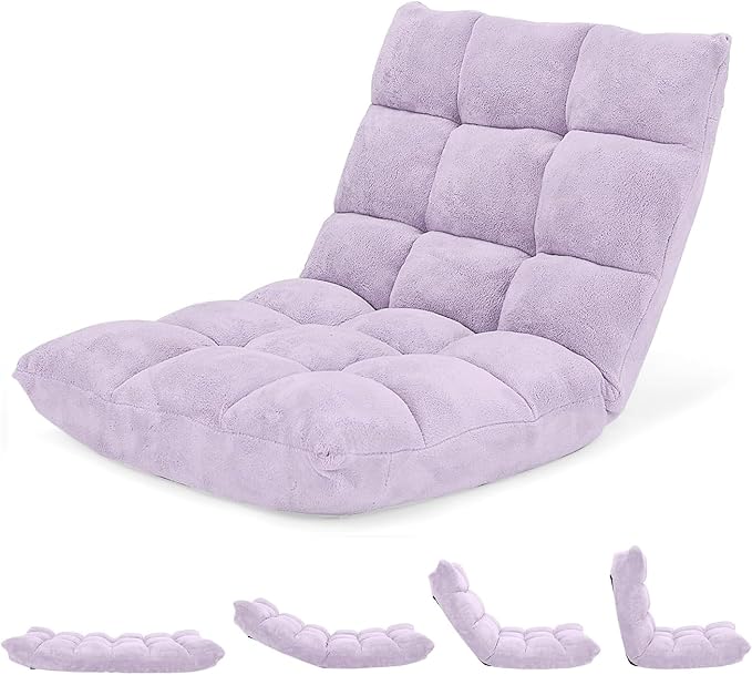 Floor Chair with Back Support, 14-Position Lazy Sofa Chair with Soft Coral Fleece, Folding Floor Gaming Chair, Couch Recliner, Floor Seat for Reading, Meditating, Yoga, Gaming (Light Purple) by BUYNOW