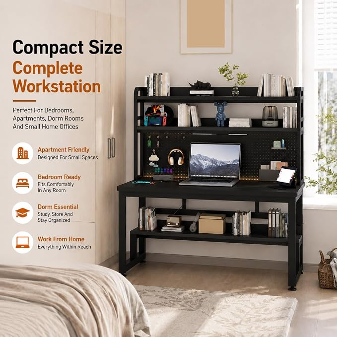 47 Inch Gaming Desk with 1 Power Outlet, 2 USB & LED Lights | Computer Desk with Hutch, Pegboard, Home Office Desk with Shelves for Bedroom, Study (Black,47inch) - Image 3