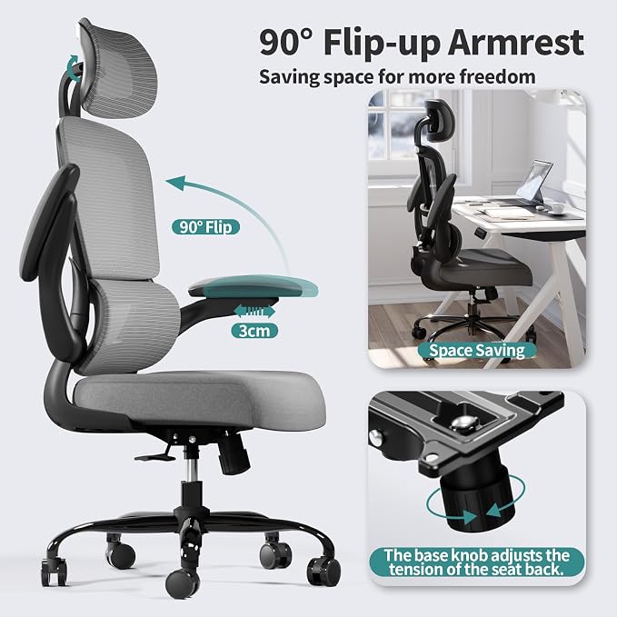 TRALT Office Chair Ergonomic Desk Chair - Gaming Chair with Lumbar Support (1,Dark Grey) | 330 LBS Home Office Desk Chairs with Headrest, Reading Chair with Flip-up Armrests, Comfortable Computer Chairs (1, Grey) - Image 5