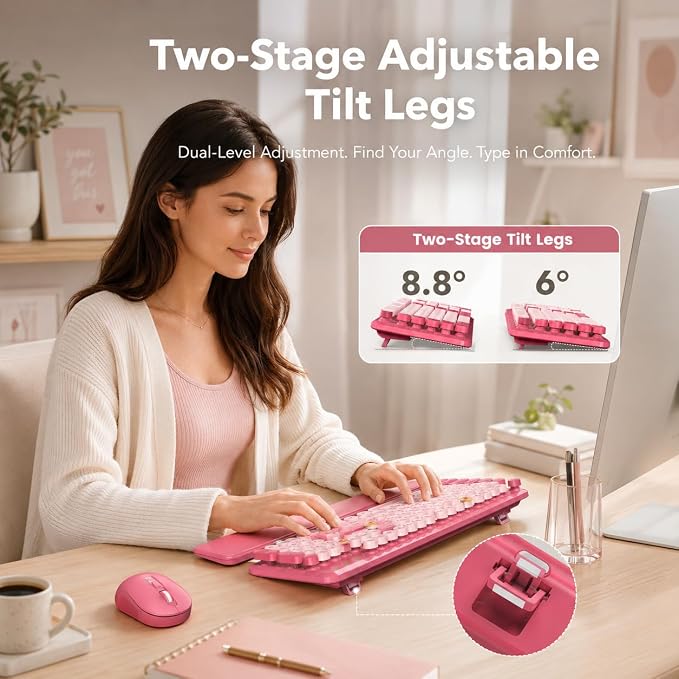 Wireless Keyboard and Mouse Combo, Round Keycaps, Magnetic Wrist Rest, Pink - Image 4