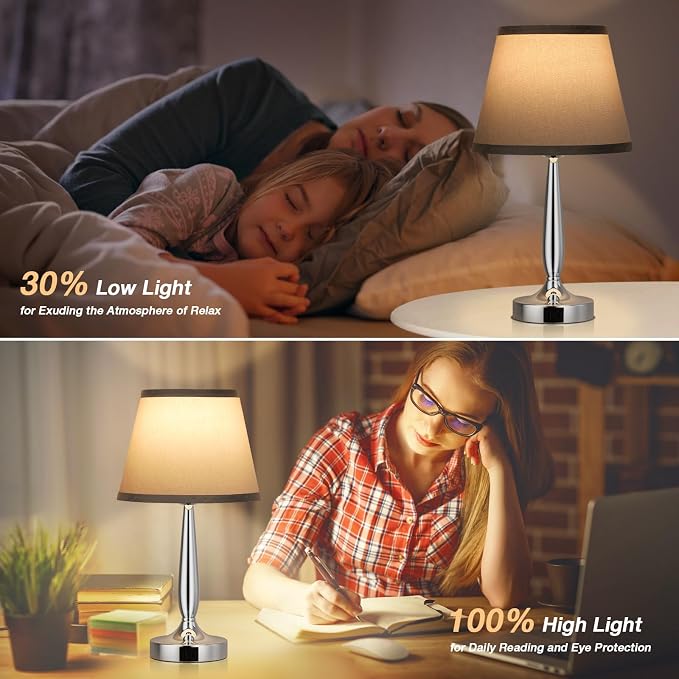 Kakanuo Touch Table Lamp for Bedroom, Small Bedside Lamp with USB C Charging Port, 3 Way Dimmable Touch Control Nightstand Lamp for Living Room and Office, Gray Shade and Silver Base - Image 6