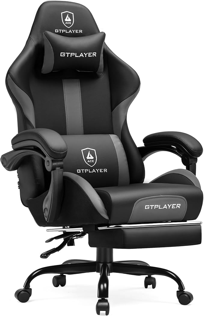 GTPLAYER Gaming Chair with Pocket Spring Cushion, Leather Office Chair with Ergonomic High Back & Lumbar Support for Back Pain Relief, Computer Game Chair for Adults, Gray by GTPLAYER