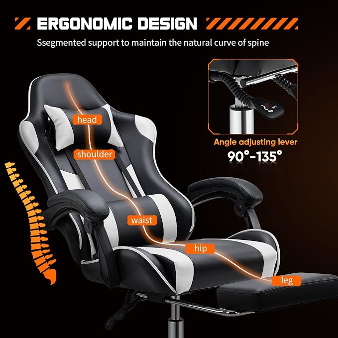 Sweetcrispy Gaming Chair, High Back Office Chair, Home Office | PU Leather Ergonomic, Adjustable Headrest Footrest, Linkage Armrest, Video Racing, White - Image 4
