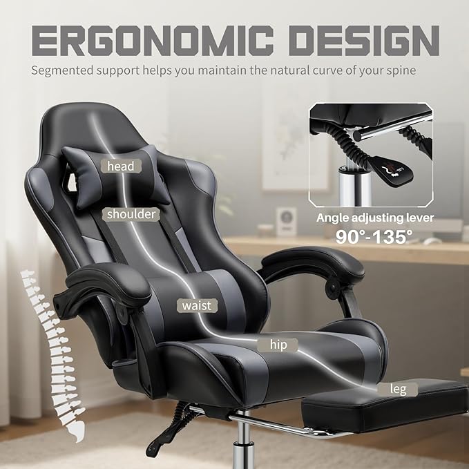 DUMOS Ergonomic Gaming Chair with Footrest, Home Office Desk Chair | PU Leather, Headrest, Linkage Armrests, Height Adjustable, 360 Swivel Reclining, Black Grey - Image 4