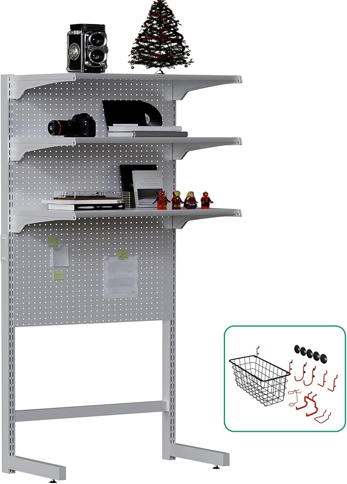 JWX DDB Standing Pegboard Shelf Unit, 30'' White Home Office shlef cabinets with Metal Pegboard and 15 Pieces Organizer Tool Holders by JWX