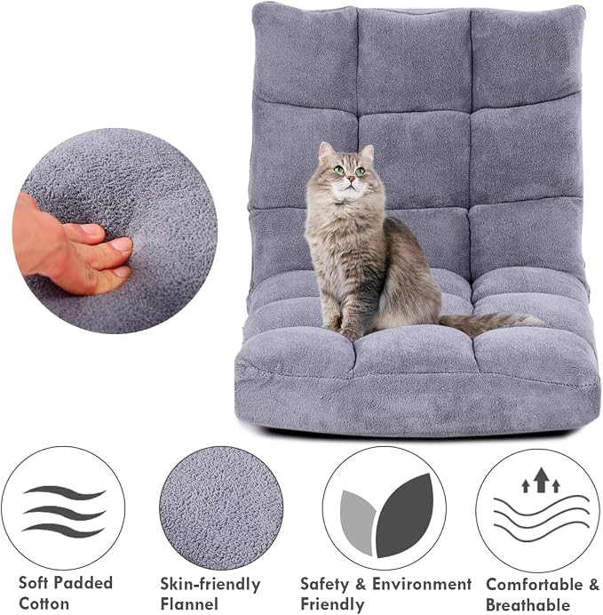 GIANTEX Floor Chairs for Adults, Floor Gaming Chair w/Back Support (Grey) | Coral Velvet, 14 Adjustable Position, Thick Sponge Padding, Floor Seating Lounge for Reading, Watching TV, Meditation - Image 4