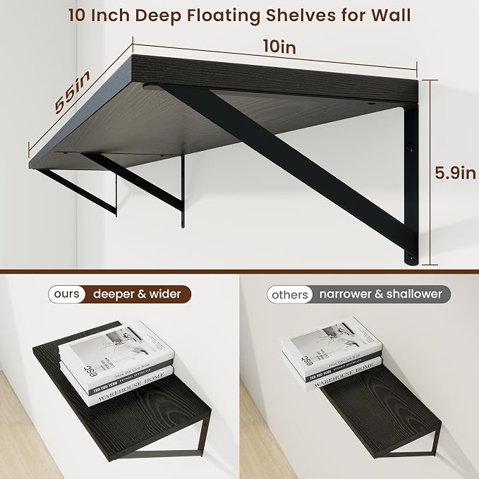 Axeman Deep Floating Shelves, 55'' x 10'' Black Wall Shelves Set of 2 - Image 3