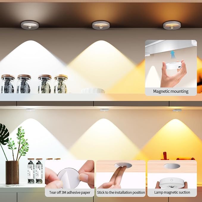 Rechargeable Puck Lights with Remote Control, 12 Color Changing Under Cabinet Lighting, Wireless RGB tv Led lights for bedroom & Closet, Dimmable Magnetic under counter lights for kitchen, Shelf,Party - Image 6
