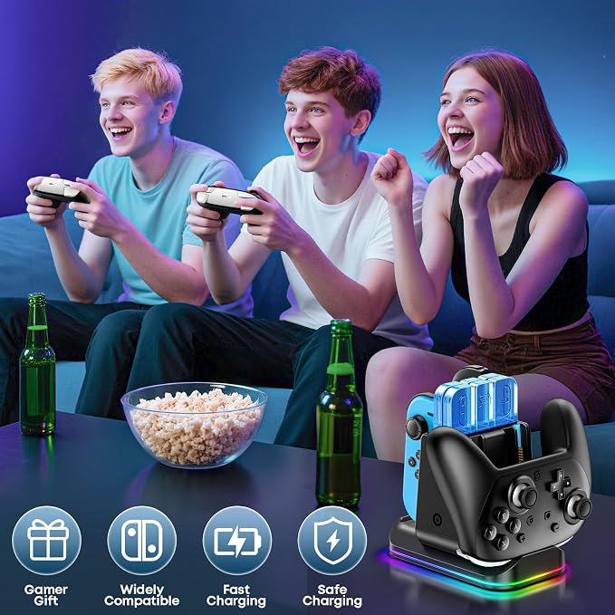 Switch 2/1 Compatible Controller Charging Dock, 6-in-1 Charger Station for 4 Joy-Cons & 2 Pro Controllers, 9 RGB Modes Fast Charging Stand for Switch 2 Accessories, with LED Indicator - Image 8