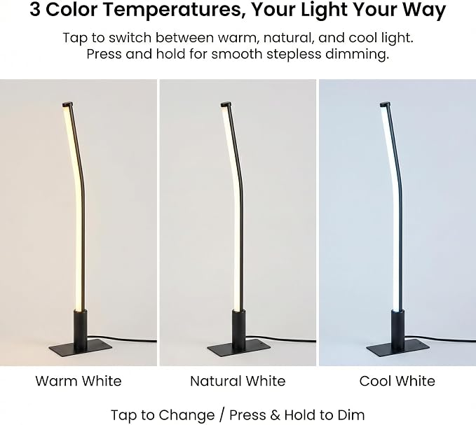 LED Touch Bedside Table Lamp,3 Color Temperatures,Dimmable,6W,Black - Image 2