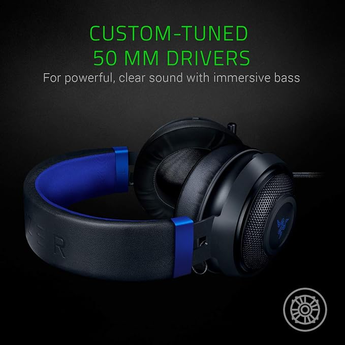Razer Kraken Gaming Headset: Lightweight Aluminum Frame - Retractable Noise Isolating Microphone - for PC, PS4, PS5, Switch, Xbox One, Xbox Series X & S, Mobile - 3.5 mm Headphone Jack - Black/Blue - Image 2