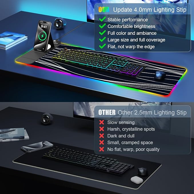 Mouse Pad with Foldable Phone Holder & Wireless Charger, XL RGB Gaming Mousepad 31.5"x11.8" Large Desk Mat for Keyboard, Home Desk Pad with Dual Qi Charging Station | 11 Colors & 5 Modes | Waterproof - Image 7