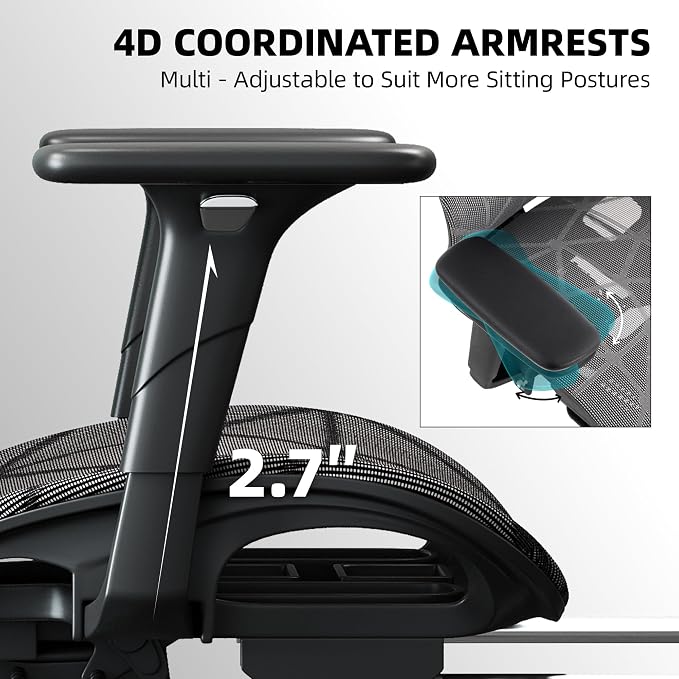 Mesh Office Chair,Ergonomic Computer Chair,Adjustable Lumbar High Back Desk Chair 400lbs,4D Adjustable Armrests & Removable Headrest,Breathable Mesh Chair for Adults,Home Gaming & Workplace(Gray) - Image 6