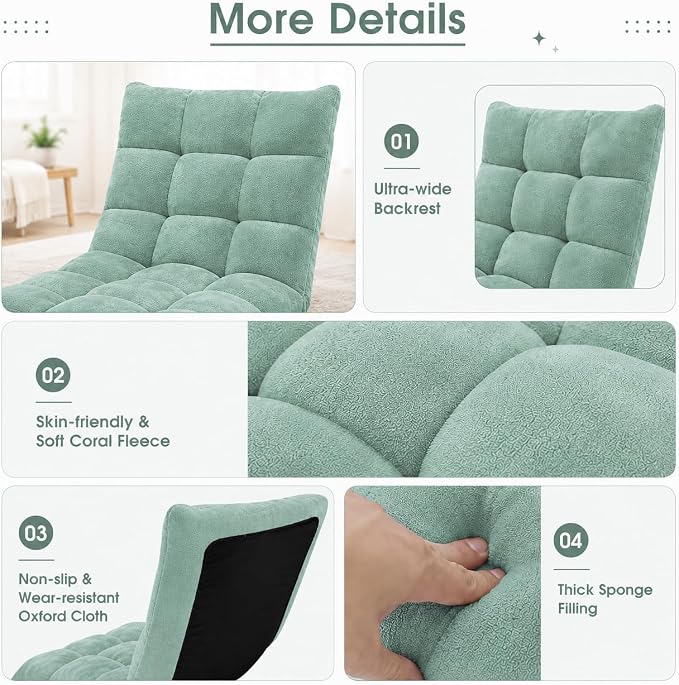 Folding Floor Chair with Back Support, Floor Seat, Lazy Sofa Chair | 14 Adjustable Position, Soft Coral Fleece, Thick Foam, Steel Frame Gaming Chair for Adults, Meditation, Living Room (Green) - Image 8