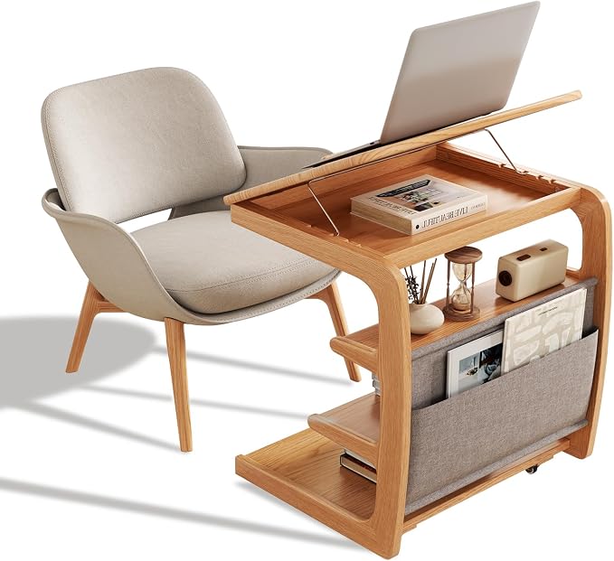 AQIMUELE Rolling Side Table, C Shaped End Table, C Table with 4 Wheels Solid Wood Small Rolling Desk with Adjustable Desktop,C Shaped End Table for Couch,Home Office(15.6" D x 23.6" W x 24.3" H) by AQIMUELE