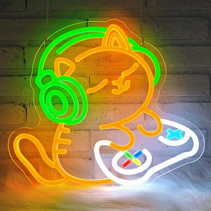 Cat Gaming Neon Sign for Wall Decor, Cute Gamer Cat LED Neon Light with Headphones & Game Controller, USB Powered Dimmable Gaming Room Neon Sign for Bedroom Desk Setup Man Cave Decor by YourVibeYourNeon
