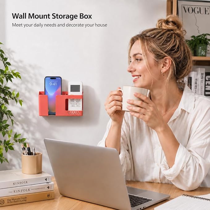 D3 Wall Mount Phone Holder, Punch-Free Wall-Mounted Mobile Phones Charging to Stand, Sticky Remote Control Storage Box Bedside Lazy Mobile Phone Rack, Multipurpose Storage Box (2 Pack-R) - Image 2