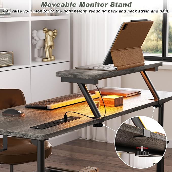 Height Adjustable Standing Desk with Power Outlets and LED Lights - 39" Manual Stand Up Desk with Monitor Stand and Storage Shelves Small Mobile Rolling Computer Desk Portable Laptop Table, Grey Oak - Image 7