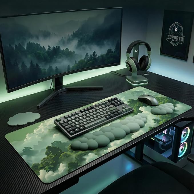 Green Cloud Mouse Pad and Keyboard Wrist Rest 4PCS Extended Forest Mountain Aesthetic Large Desk Mat Pad Set Memory Foam Non-Slip Cute Ergonomic Gaming Mouse Pad Wrist Support for Computer Home Office - Image 8
