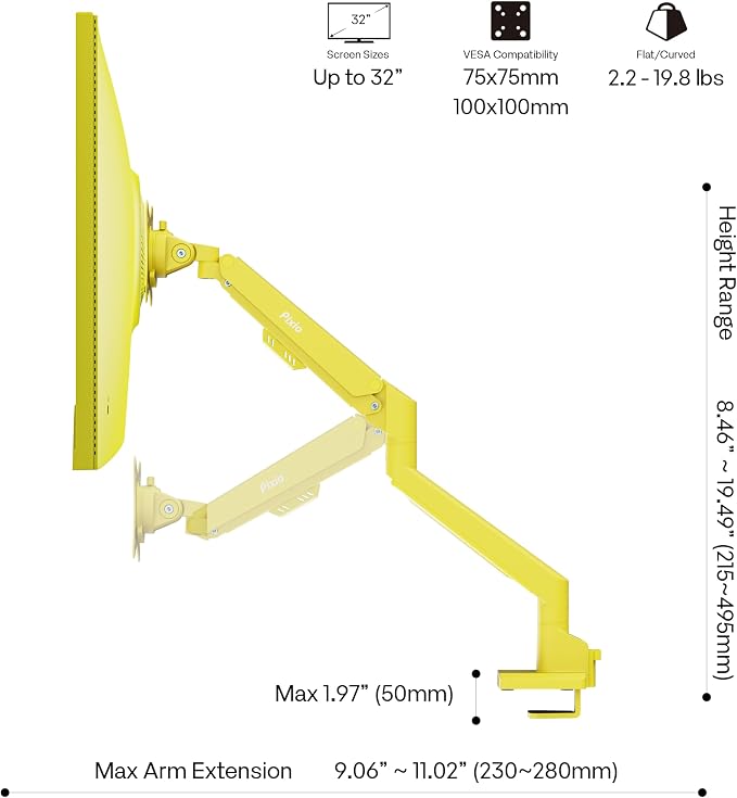 Pixio PS1S Wave Yellow Single Monitor Arm Stand Desk Mount - Fits up to 32 inches Monitors and up to 19.8lbs. VESA Compatibility and Integrated Cable Management - Image 4