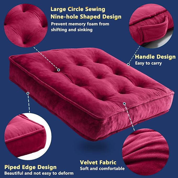 1 MIDDLE ONE Floor Pillow Set of 2, Memory Foam Meditation Cushion, Floor Cushions for Adults Sitting, Large Square Seat Cushions for Yoga, Living Room, 20x20 Inch (Burgundy) - Image 4