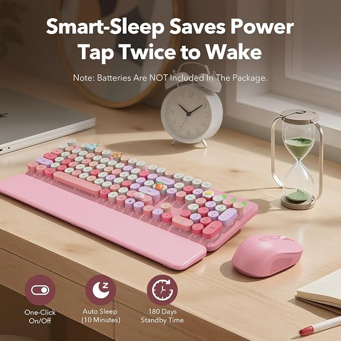 Wireless Keyboard and Mouse Combo, Retro Typewriter Style Keyboard with Round Keycaps, Magnetic Wrist Rest, Full-Size 2.4GHz Cordless for Mac, Windows PC, Laptop, SABLUTE CK23, Cotton Candy Pink - Image 7