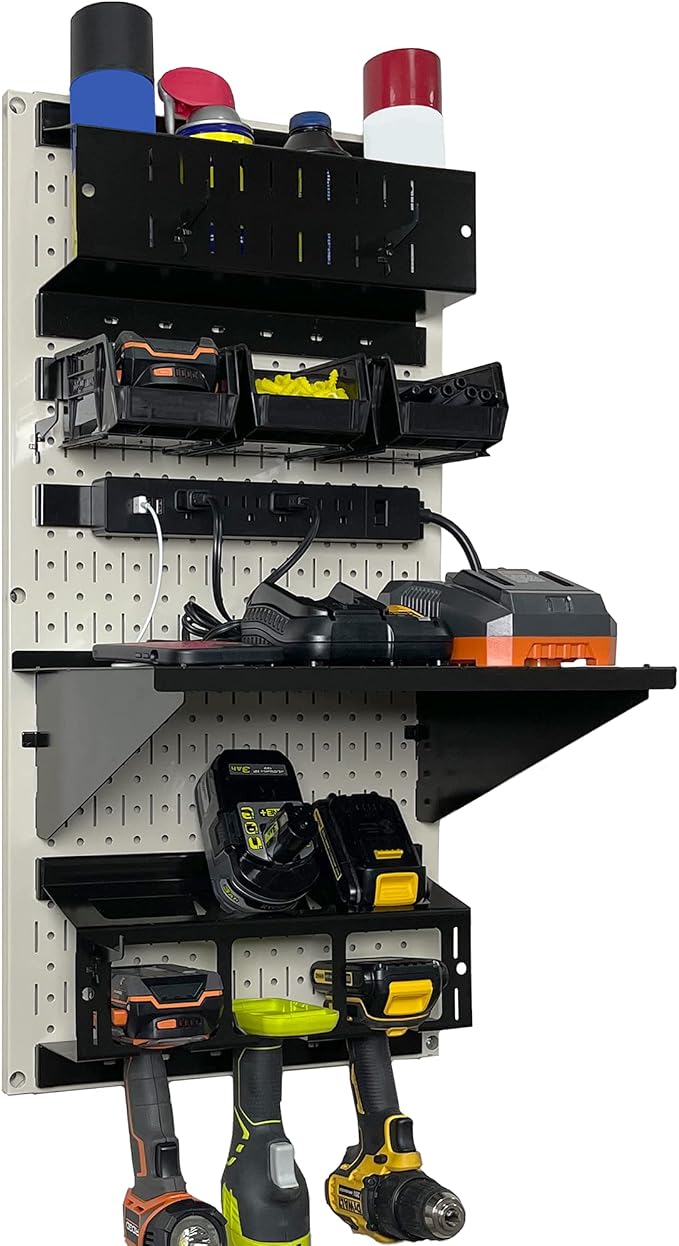 Wall Control Power Tool Storage Organizer Kit Cordless Drill Holder Charging Station Rack 16” x 32” Metal Pegboard Organization System (Beige Pegboard) by Wall+Control
