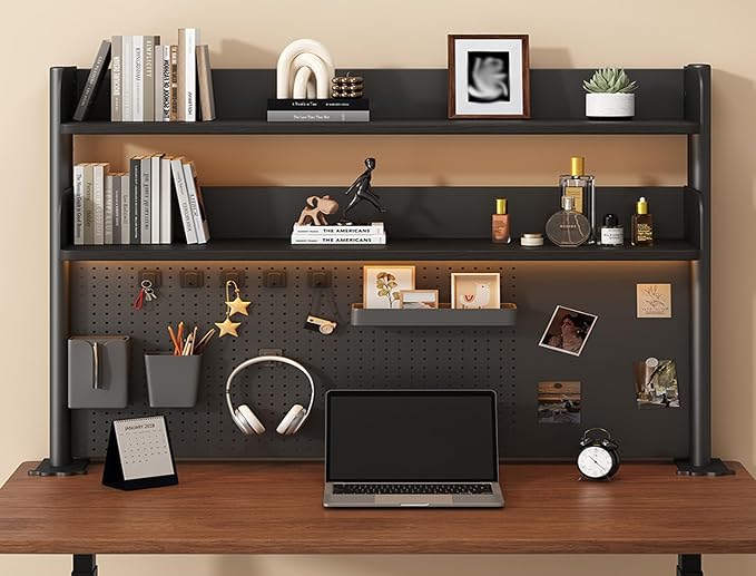 31.5 Inch Clip-on Desktop Organizer Bookshelf with Pegboard, Desk Shelf Organizer, Multipurpose Computer Desk Desktop Bookshelf, Desk Extender Pegboard Clamp, Desktop Display (Black) - Image 2
