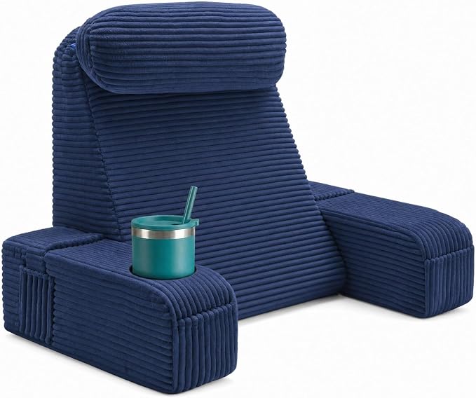 Reading Pillow for Adults, Back Pillow for Bed Sitting Up, Backrest Pillow for Sitting in Bed, Detachable Arms with Built-in Cup & Phone Caddy (Dark Navy-Corduroy, 19 INCH) by ASAWESLING