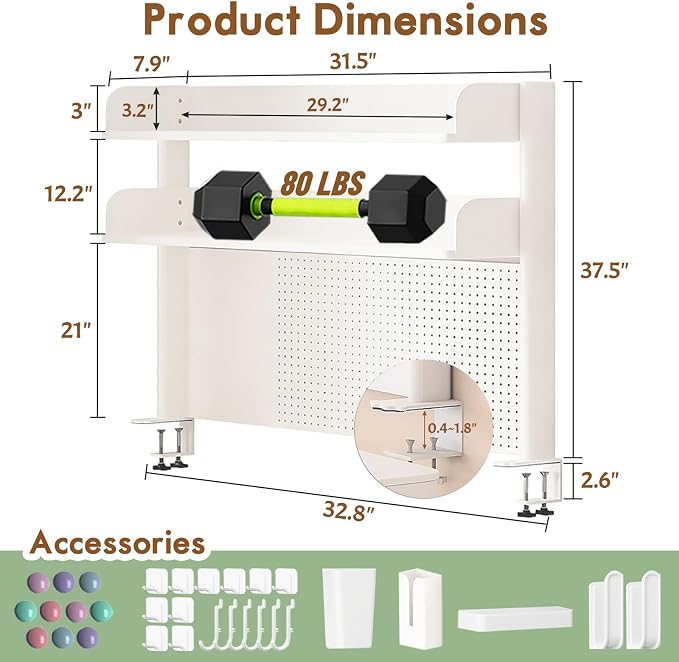Clamp On Desk Shelf Organizer with Pegboard Desk Hutch Dorm with Storage Bookshelf Desk Top Organizer Shelf Multi-Purpose White & Black Desktop Shelves & Office Shelves (White, W - 31.5") - Image 2