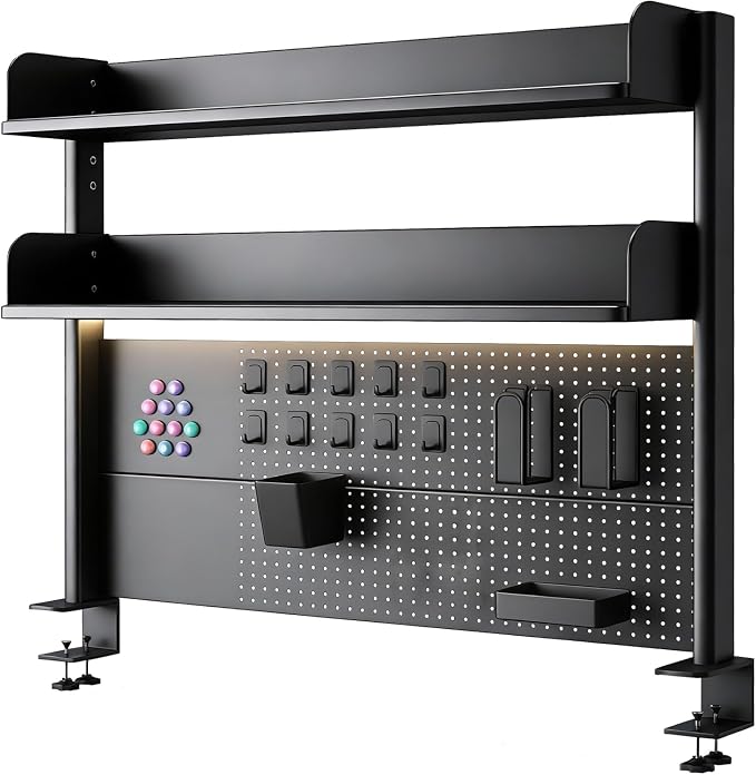 Clamp On Desk Pegboard Shelf - Metal Desktop Organizer Hutch with 2 Shelves | Storage and Display, Desk Add-On Shelf for Office, Dorm Room, Bedroom, Black, 39.3In by CHSSIH